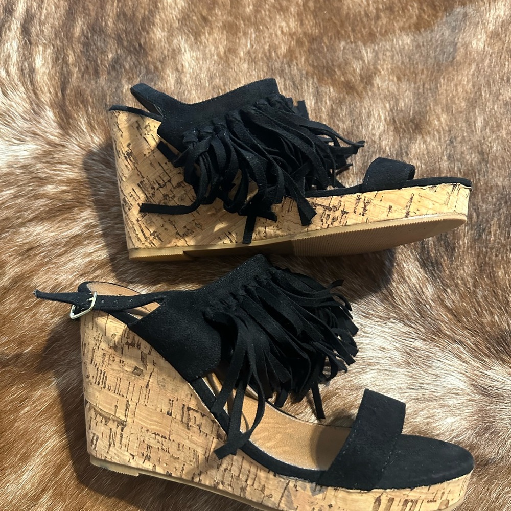 Black Fringe Cork Wedge Sandals - Picture 3 of 5